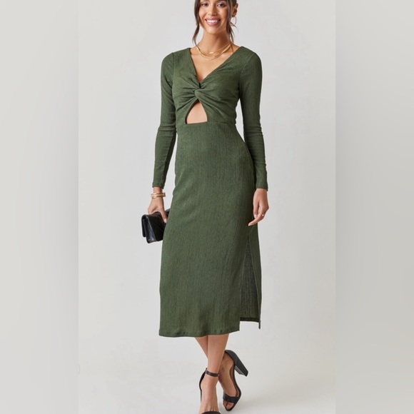 New Francesca’s Cali Twist Front Olive Midi Dress - Picture 2 of 5